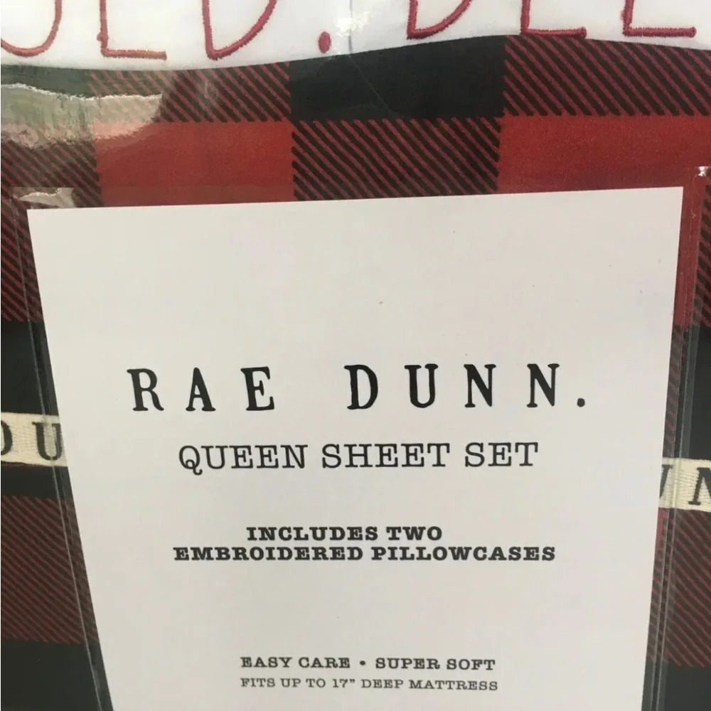 Rae Dunn BLESSED queen  Sheet Set w Pillow Cases Buffalo Plaid Red Christmas - Picture 2 of 4
